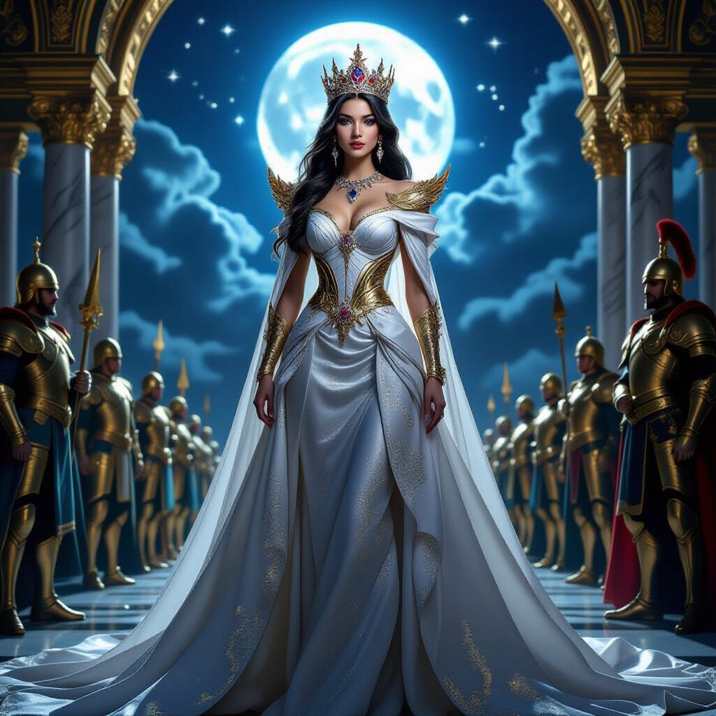 Mysterious Queen in Golden Palace Under Moonlight