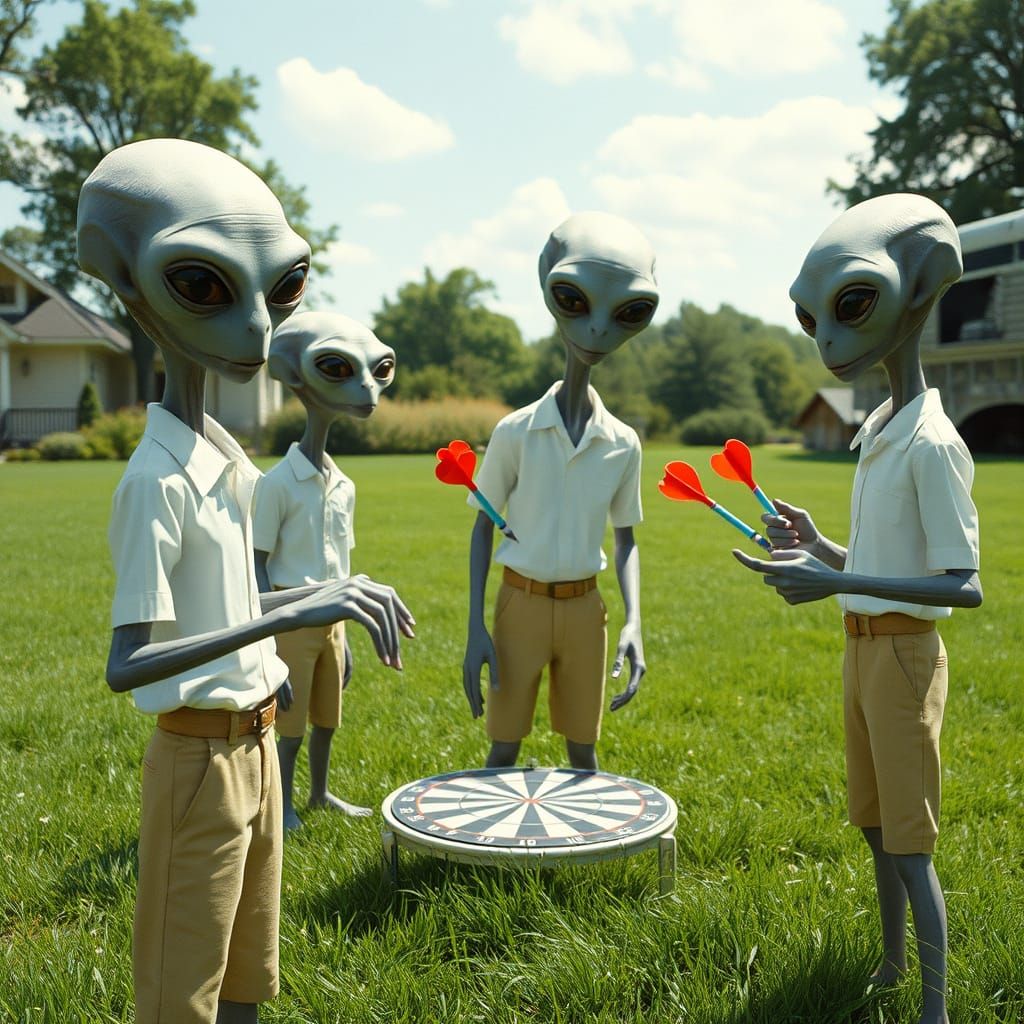 Gray Aliens Enjoying Retro Summer Fun with Lawn Darts