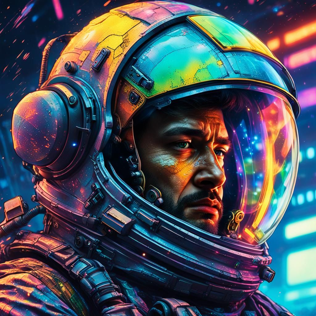 Astronaut's Cyberpunk Gaze at Cracked Earth