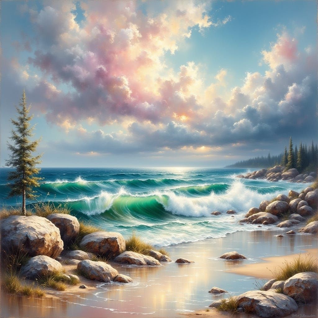 Ocean Landscape with Pink Clouds and Driftwood