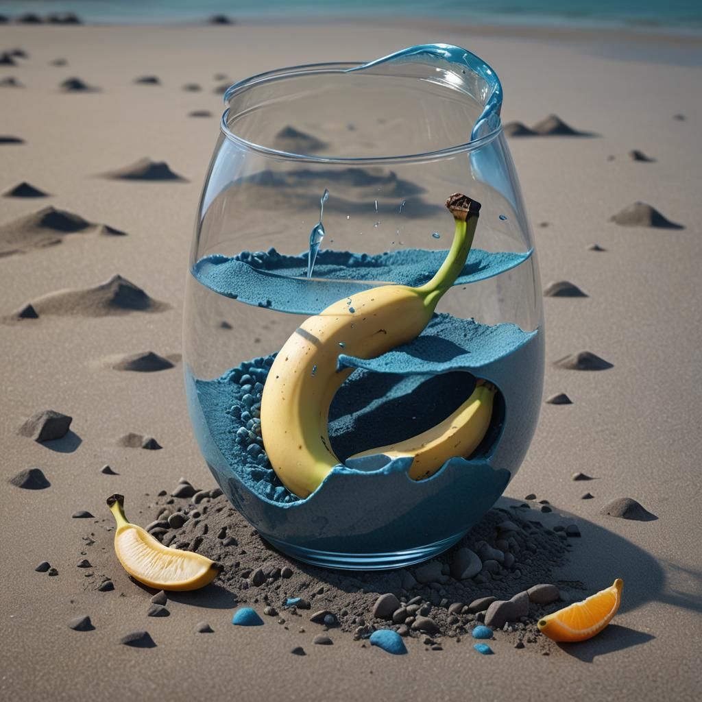 Surreal Banana with Blue Sand in Glass Container