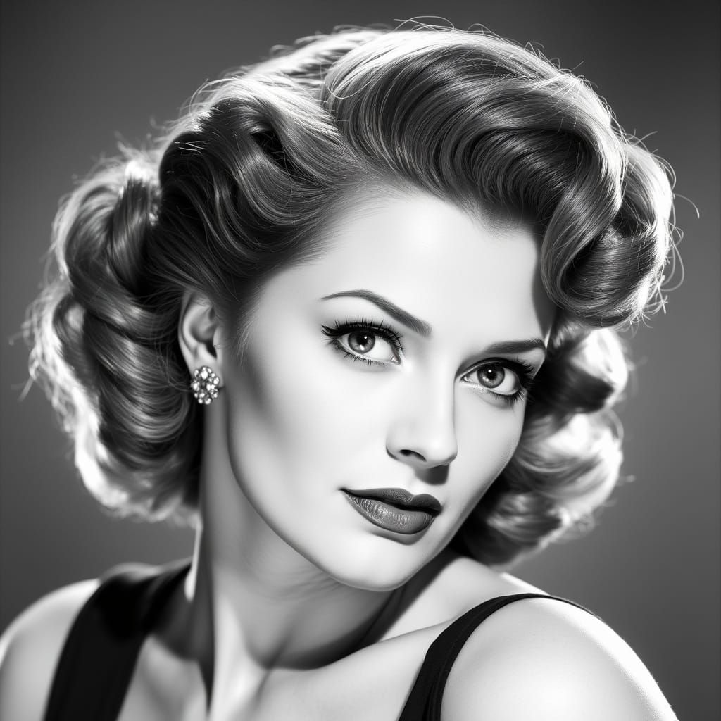 Classic Hollywood Actress in Sultry Black and White Portrait