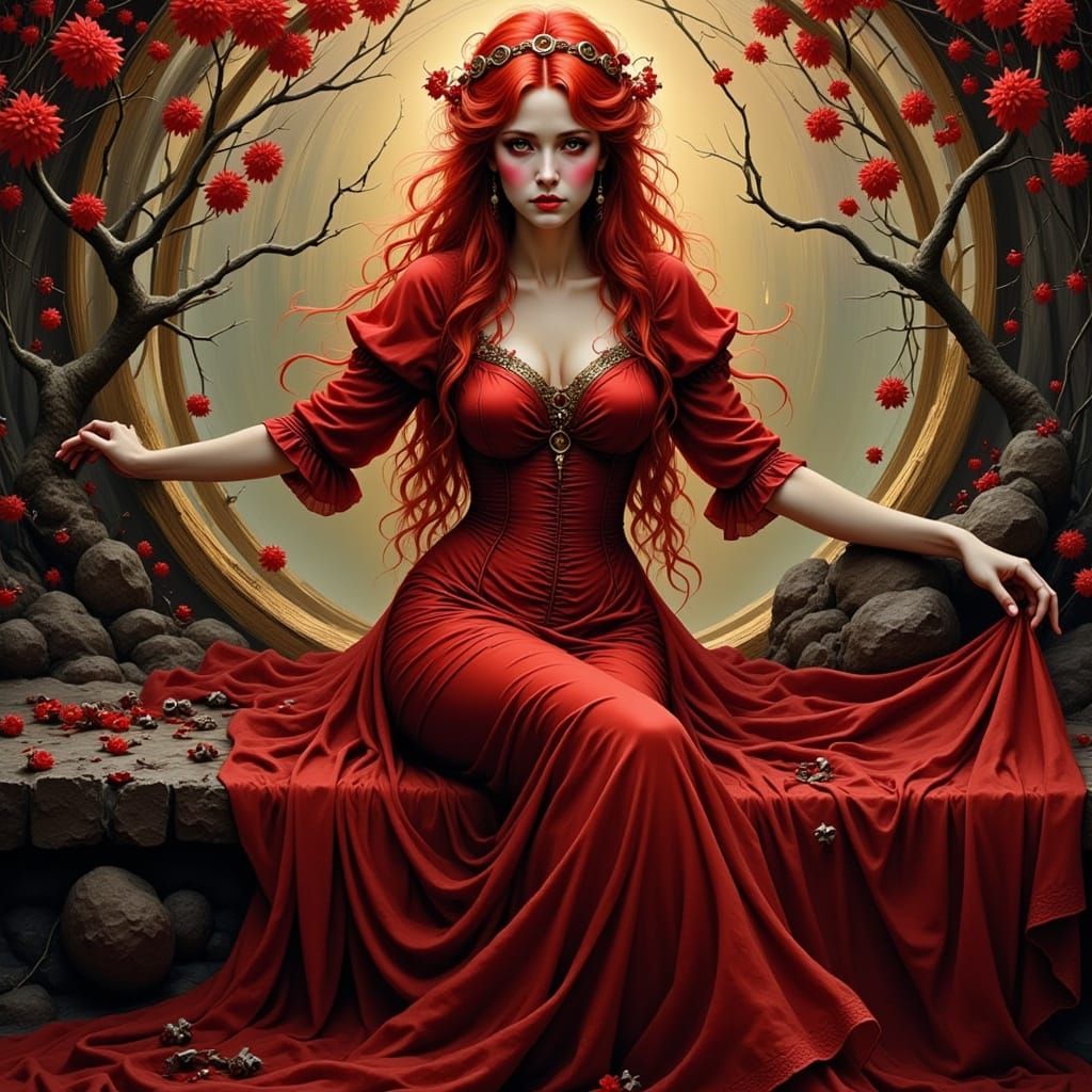 Elegant Red-Haired Woman in Dreamlike Enchanting Scene