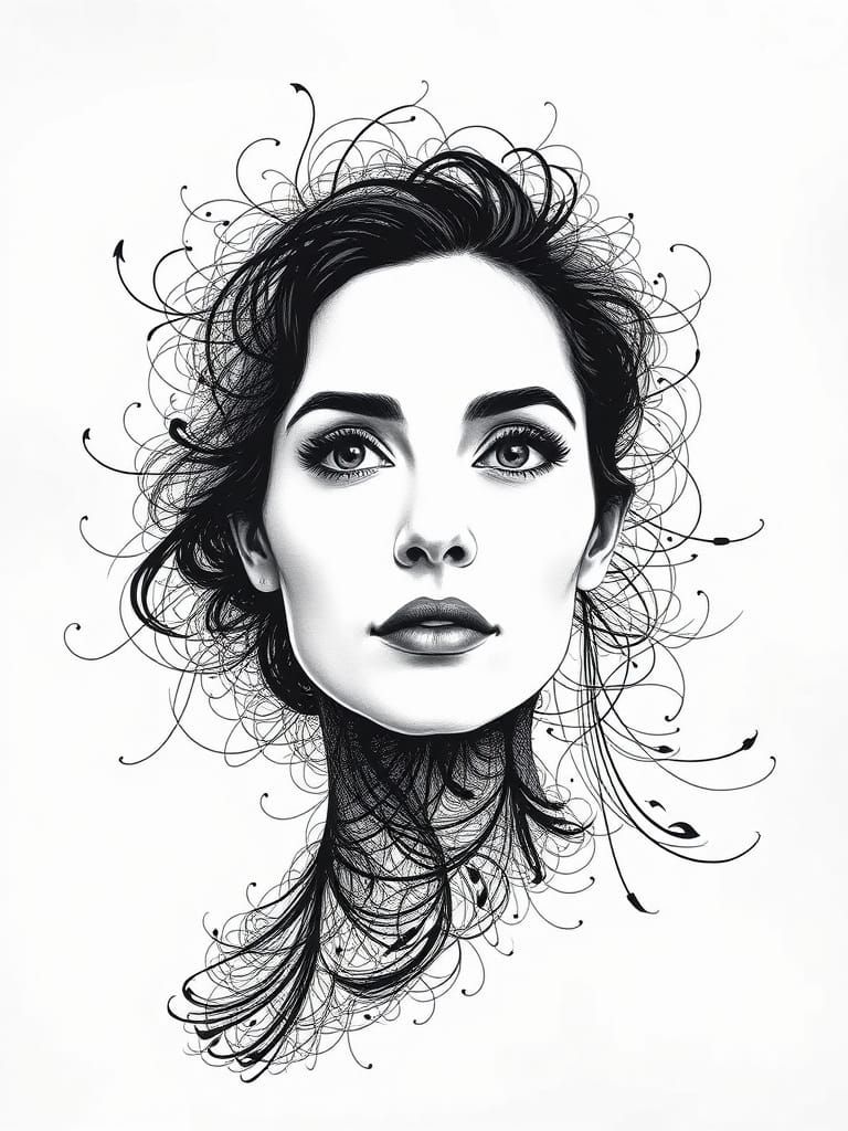 Surreal Monochromatic Portrait in Intricate Calligraphic Scr...