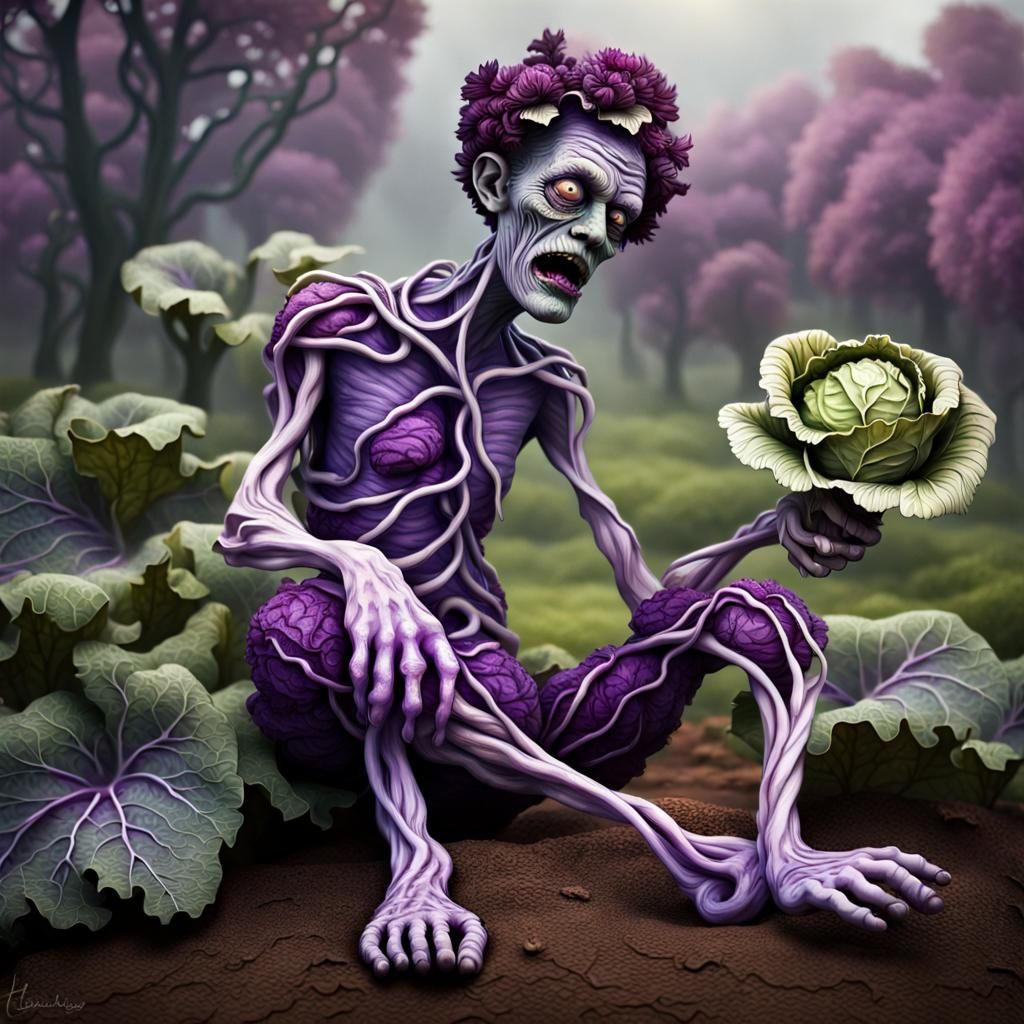 Whimsical Cabbage Zombie in Surreal Garden