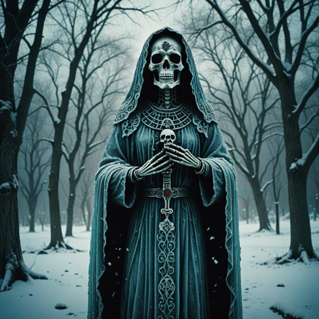 Ethereal Santa Muerte Amid Frosty Winter Landscape