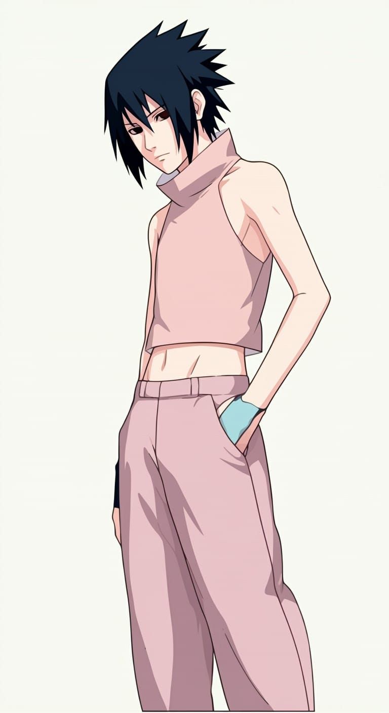 A stylized line drawing of Sasuke Uchiha in a relaxed yet subtly assertive pose, leaning slightly forward with his chin ...