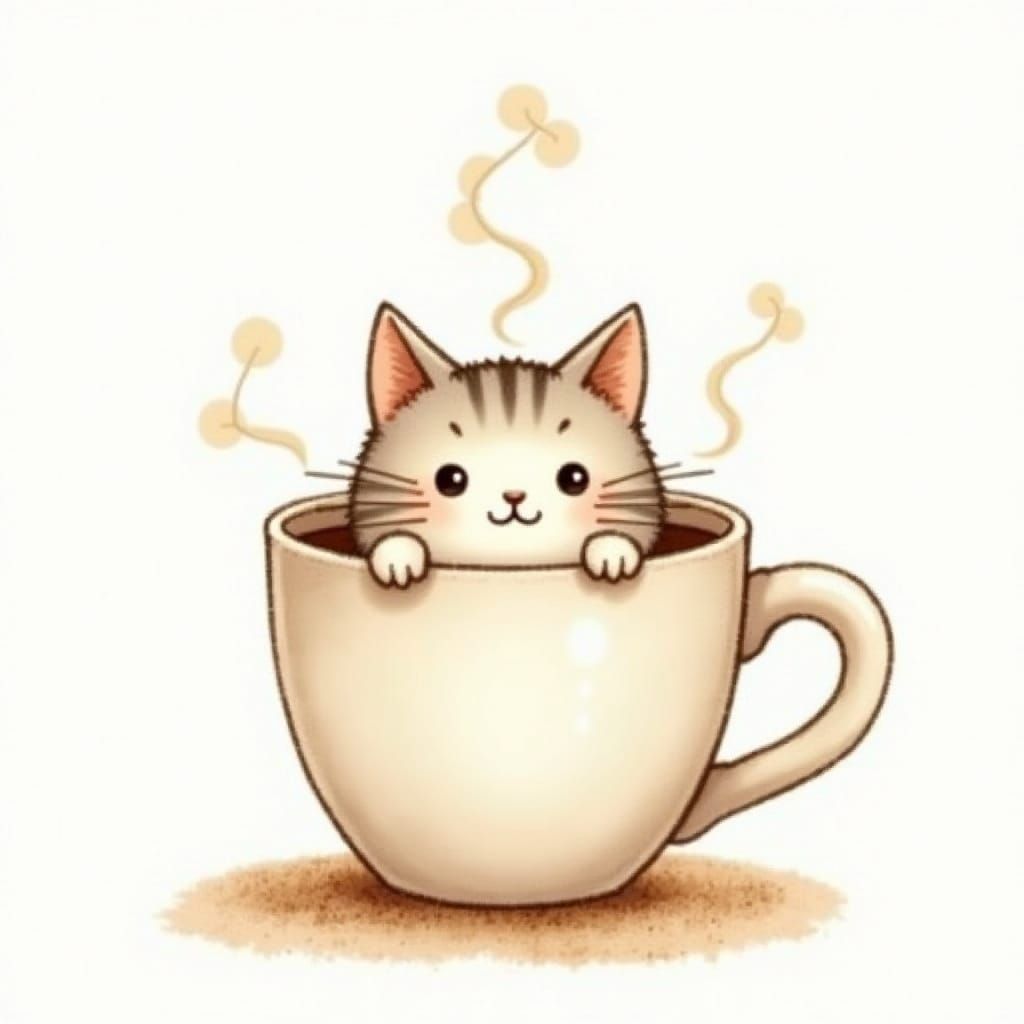 Adorable Cat in Coffee Cup, Whimsical Style