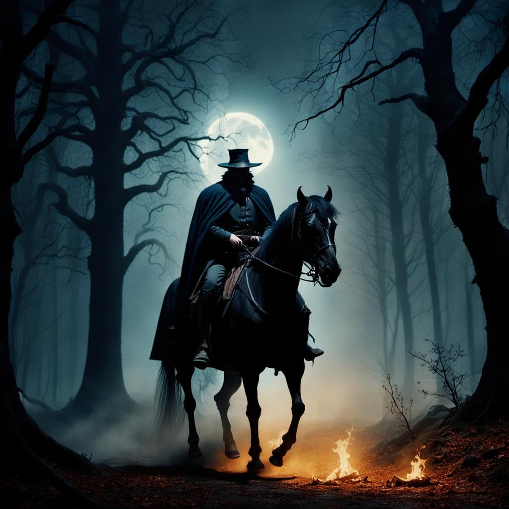 Headless Horseman in Haunted Forest, Dark Fantasy