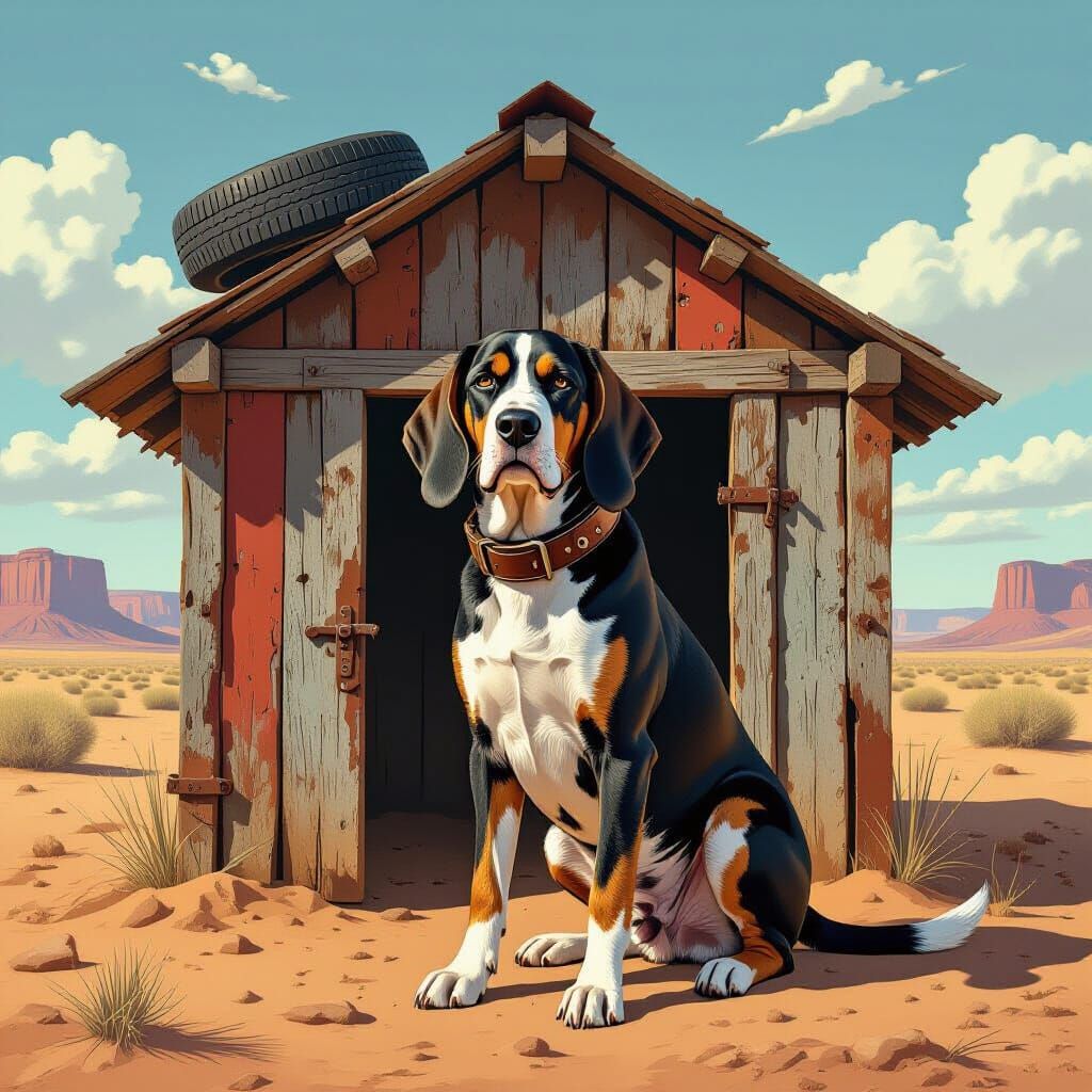 Coonhound Dog by Rustic Dog House in Desert Landscape