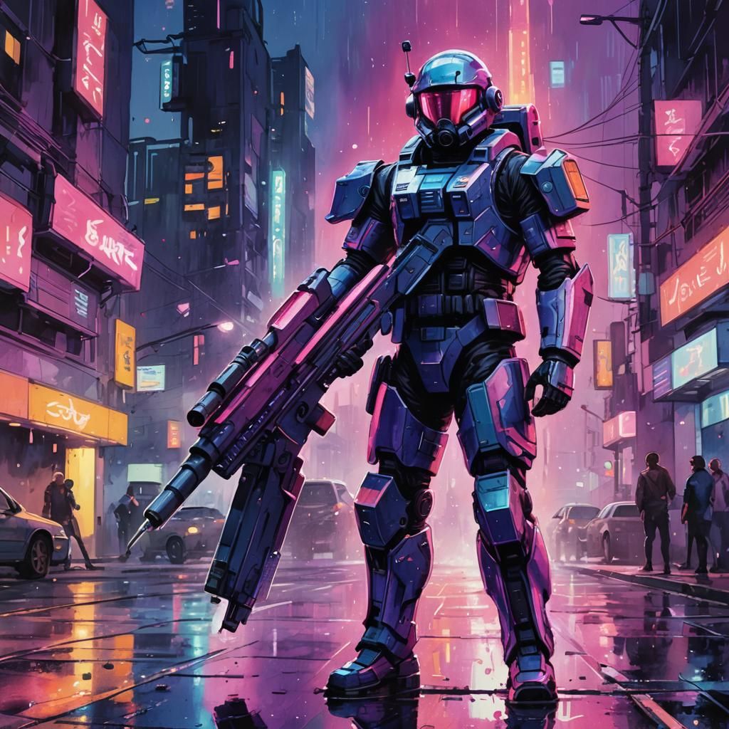 Futuristic Soldier Unleashes Rocket Launcher in Neon-Lit Cit...