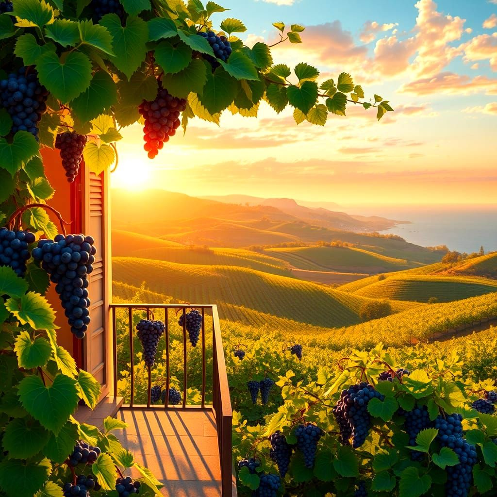 Spectacular Tuscan Vineyards at Sunset in Candy Art Style