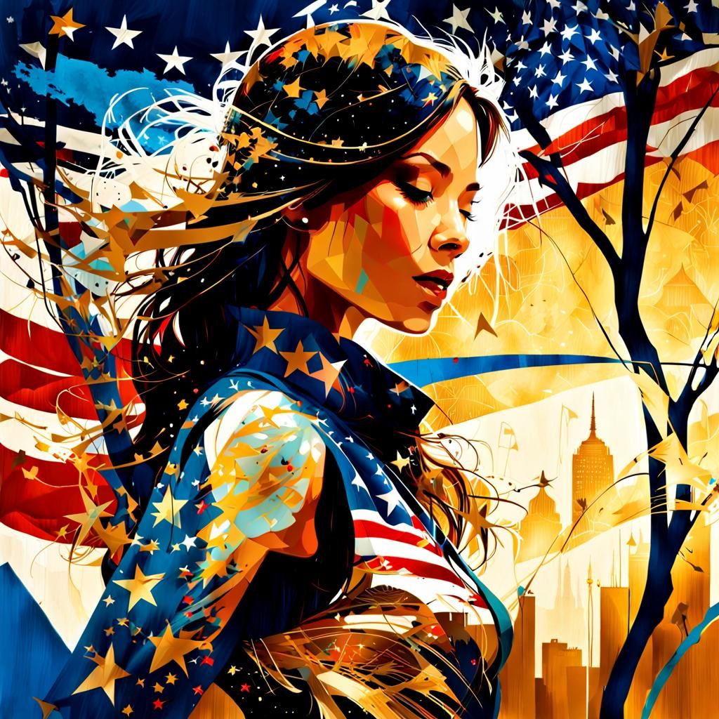 American Beauty Silhouette: Gold and Blue Portrait
