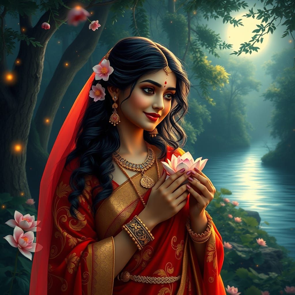 Divine Indian Goddess in Lush Moonlit Forest