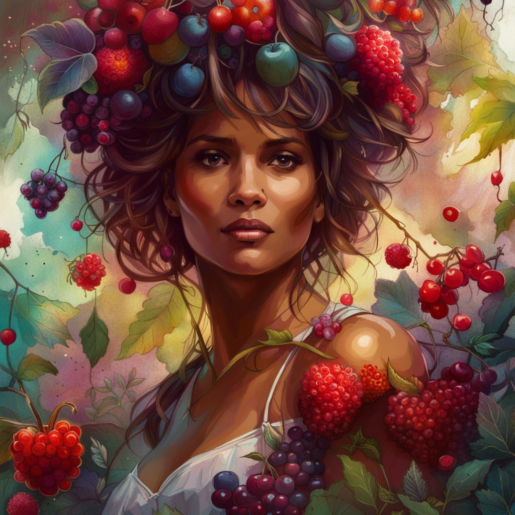 Portrait of Woman Surrounded by Berries in Digital Art Style