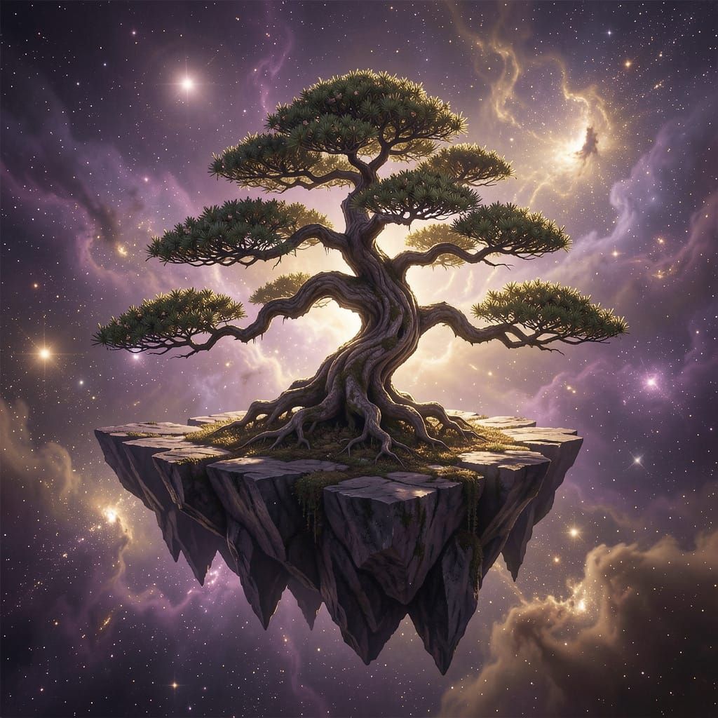 Ancient Bonsai on Floating Island in Cosmic Nebula