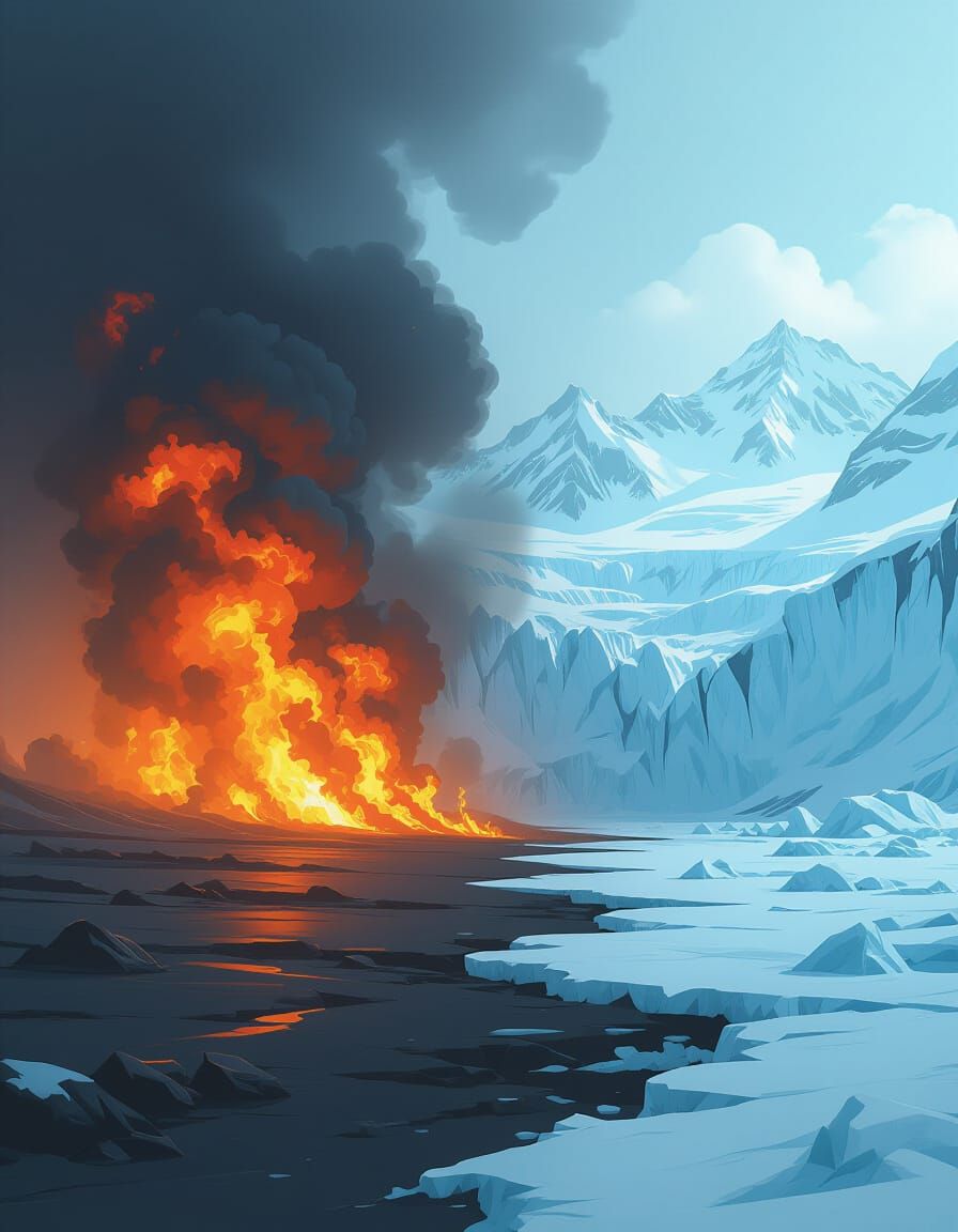 Dual Split: Fire Landscape Meets Icy Glaciers