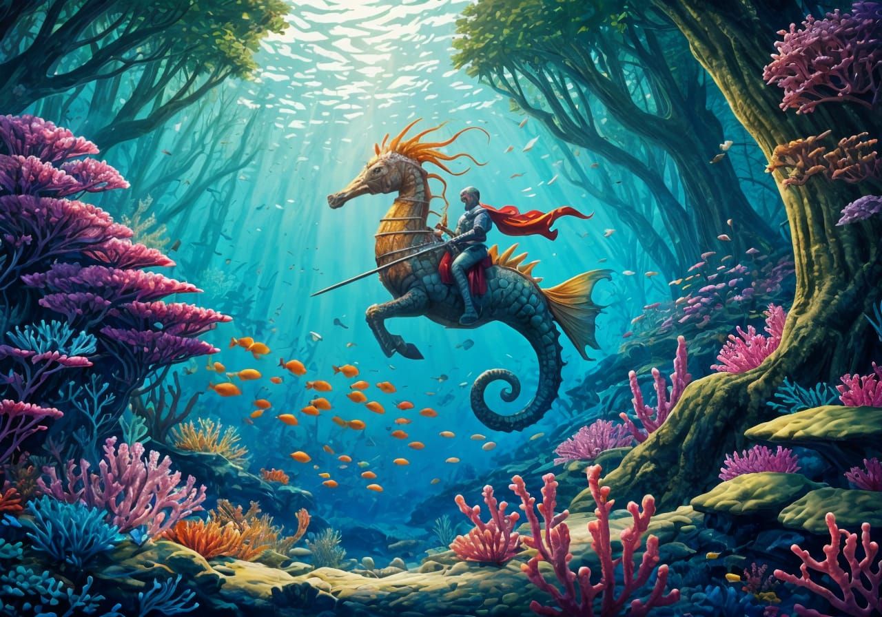 Knight Rides Seahorse Through Coral Reef, Impasto Painting