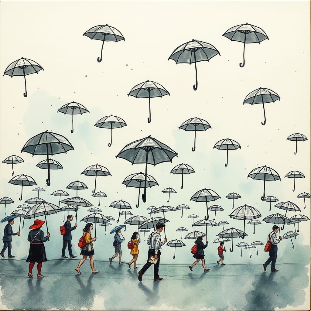 Ethereal Umbrella Skybound in Gouache Masterpiece with Thick...