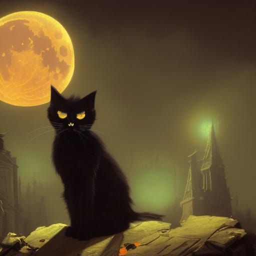 Menacing Black Cat Under Spooky Moon
