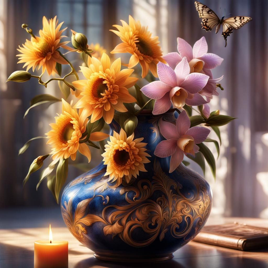 Ornate Vase with Flowers and Candles, Concept Art