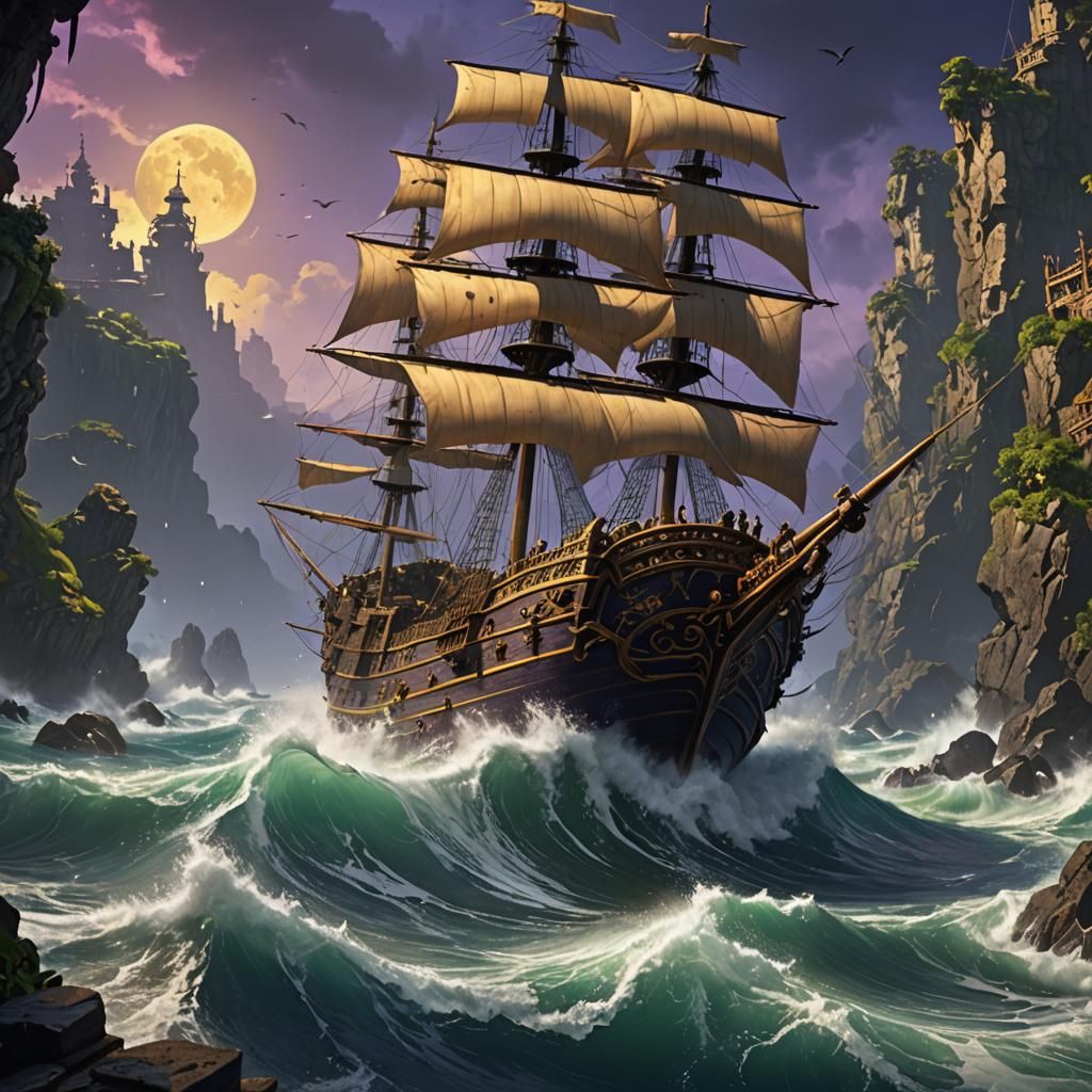 Pirate Ship Raid in Dark Fantasy Style