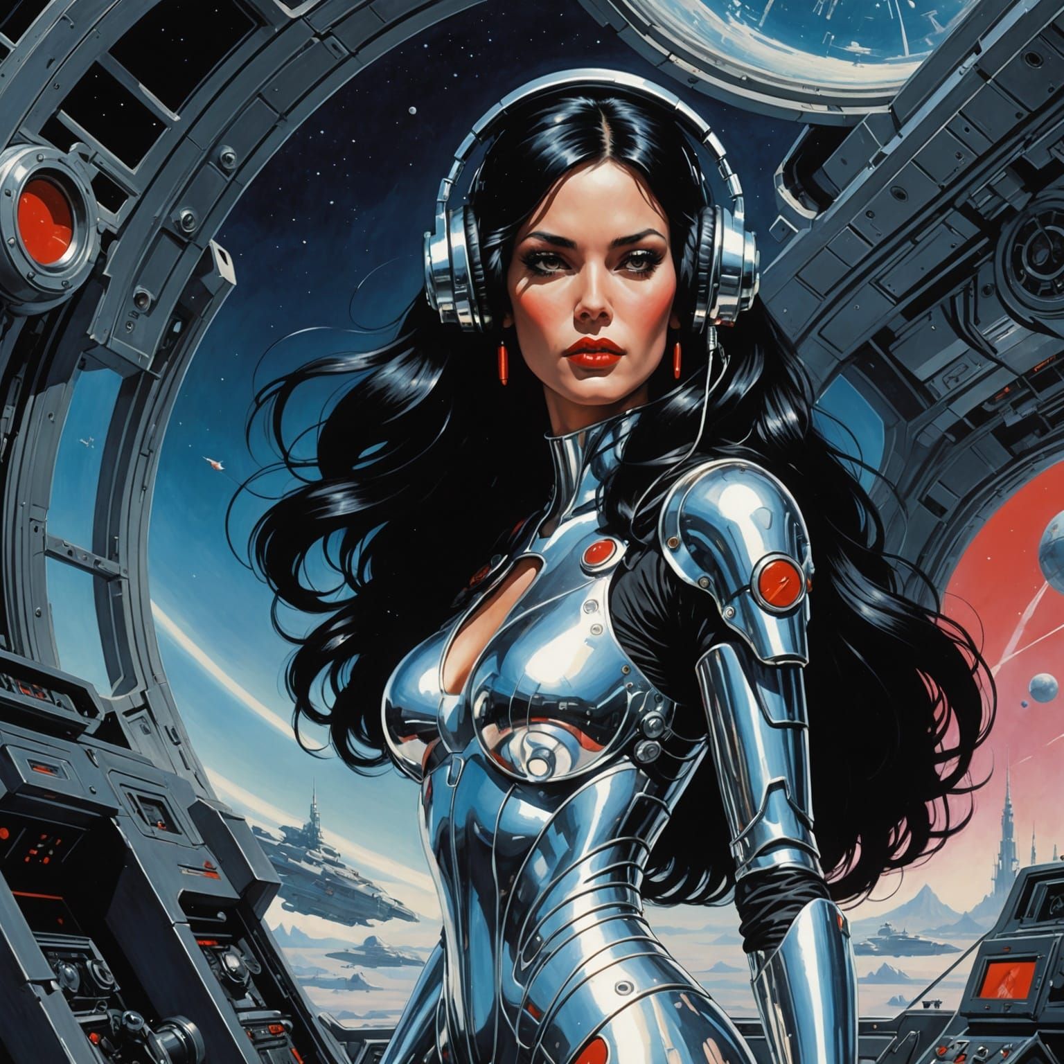 Steampunk Space Woman with Blaster Gun in Outer Space