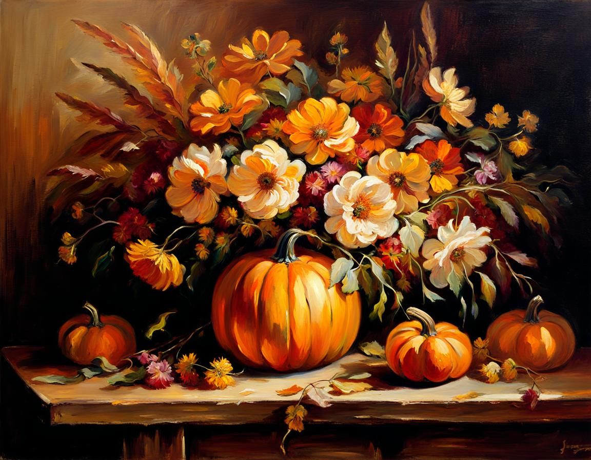 Romantic Autumnal Still Life Oil Painting