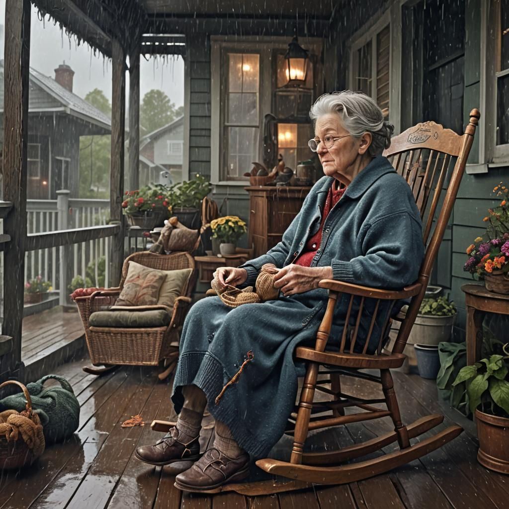 Granny Knitting on Porch in Rain