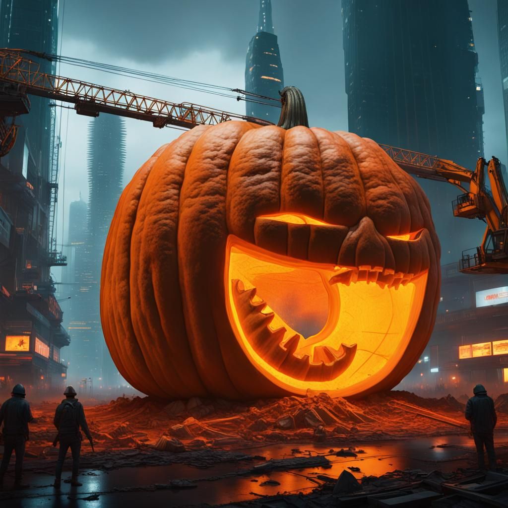 Surreal futuristic giant pumpkin being expertly carved by heavy machinery, excavators, bulldozers, tower cranes, driven ...