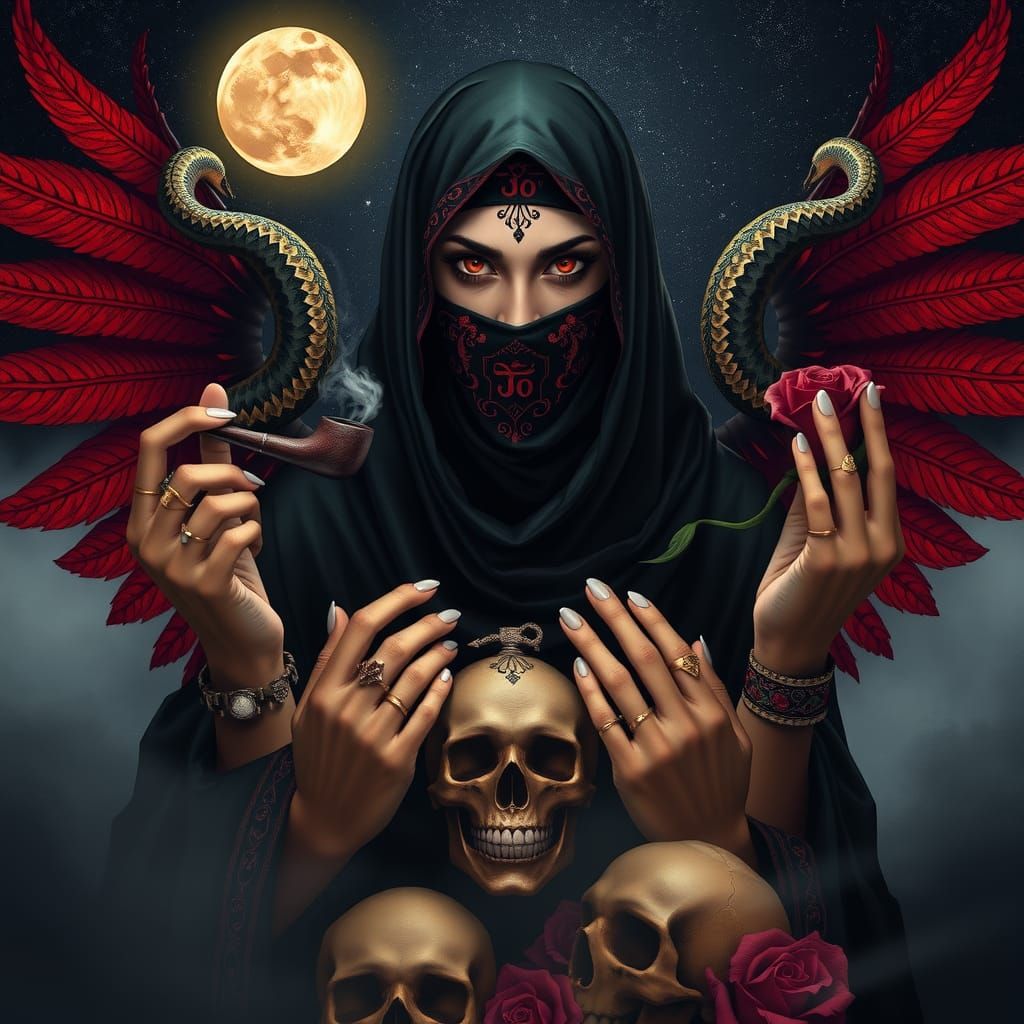 Goddess in Dark Burka with Fiery Wings