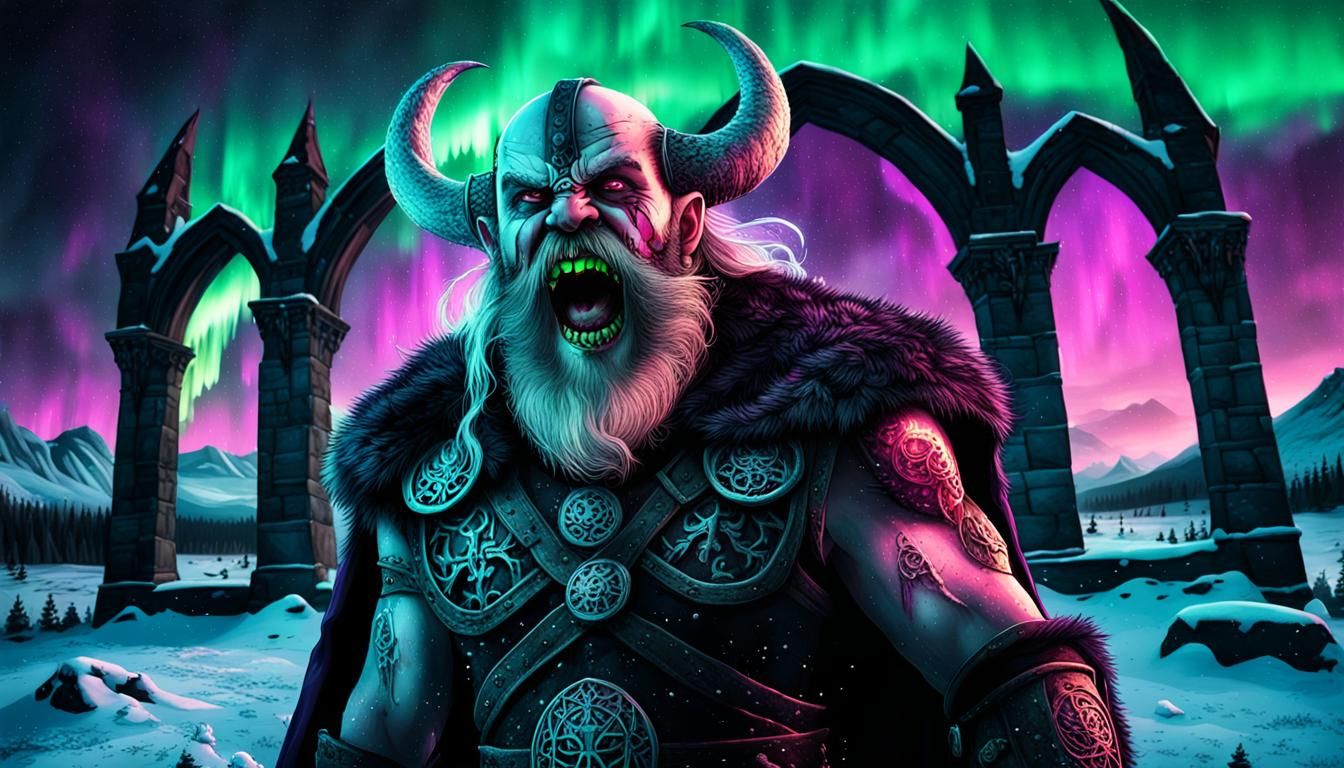 Viking Santa Claus Screaming in Gothic Horror Landscape