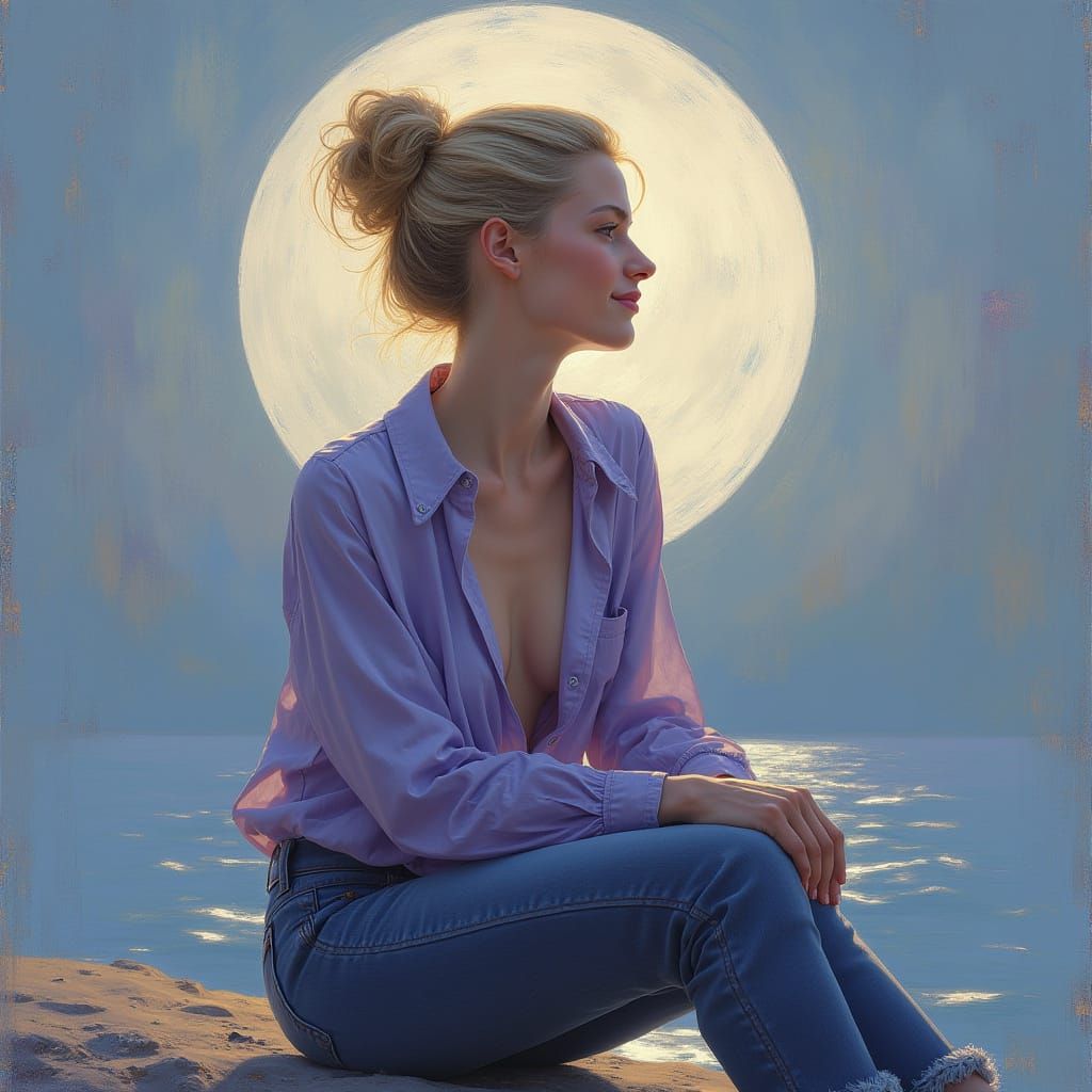 Blonde Woman by Moonlight in Impressionist Style