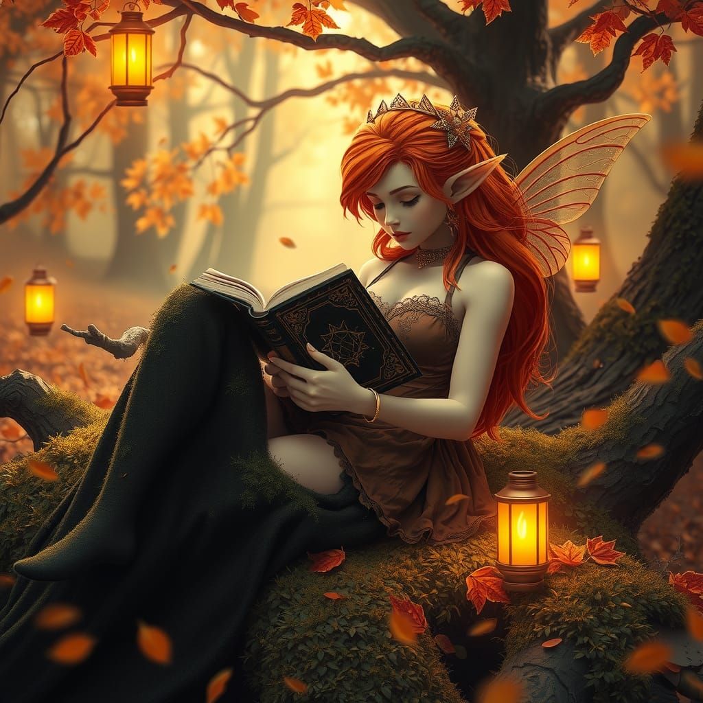 Autumn Fairy Reading in Enchanted Forest