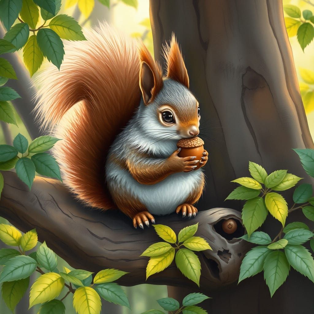 Whimsical Grey Squirrel in a Forest Scene, Watercolor Illust...