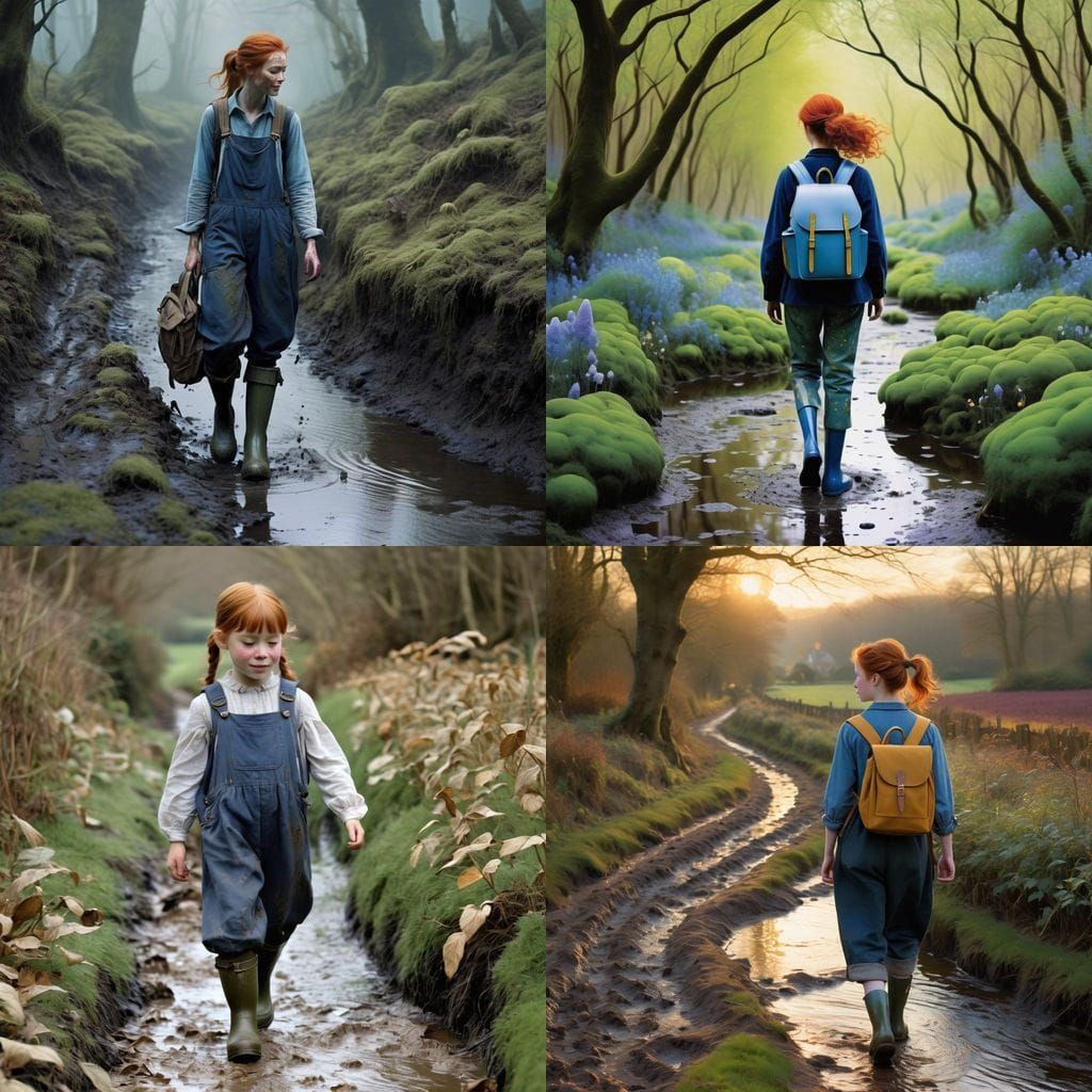 Ginger Schoolgirl Walking Home Along Muddy Lane