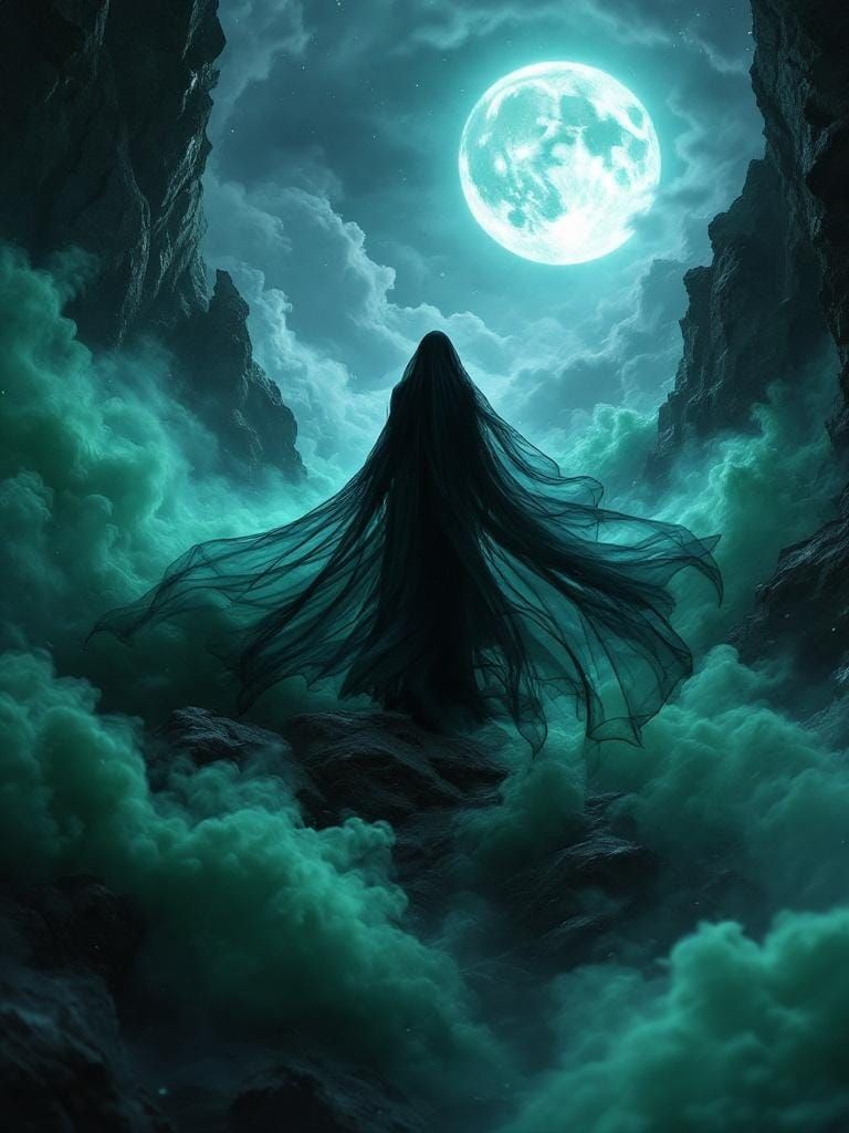 Ethereal Tulle Lady in Storm Wind on High Rocks