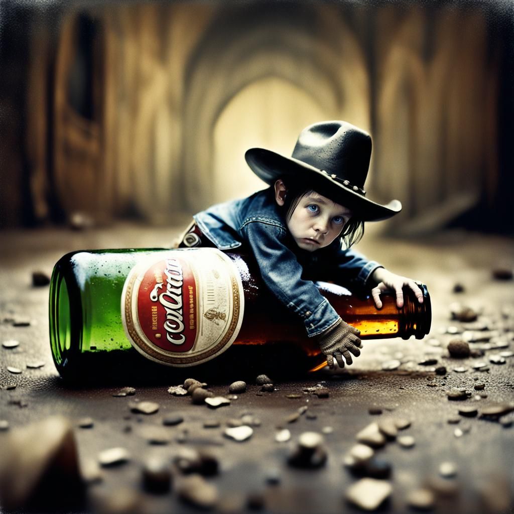 Tiny Cowboy Emerges from Gigantic Beer Bottle