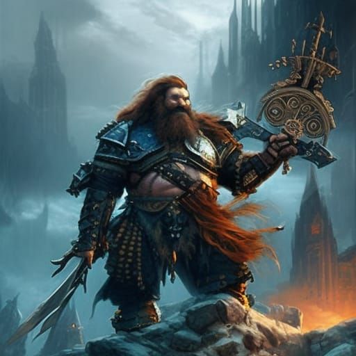 Epic Dwarf Warrior with Warhammer, Dark Fantasy Art