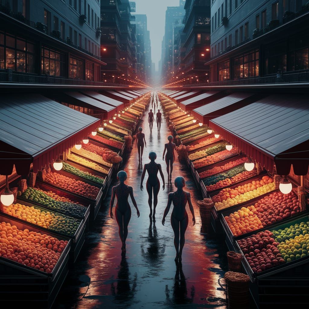 Vibrant Alien Market in Gouache Style