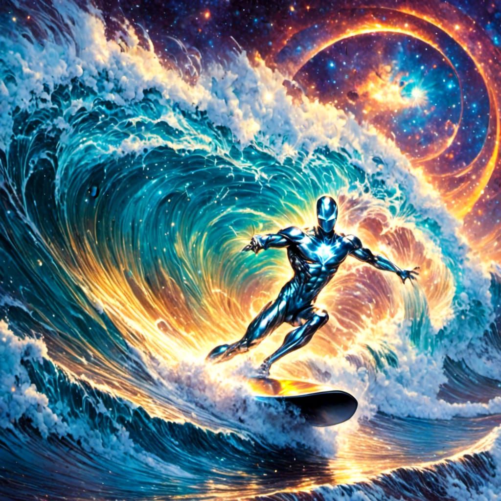 The Silver Surfer surfing on Cosmic Waves