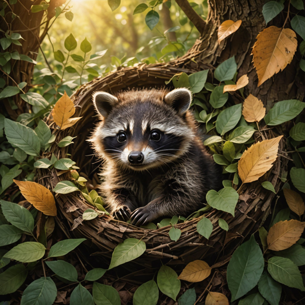 Whimsical Wildlife Illustration of a Baby Raccoon in a Leafy...