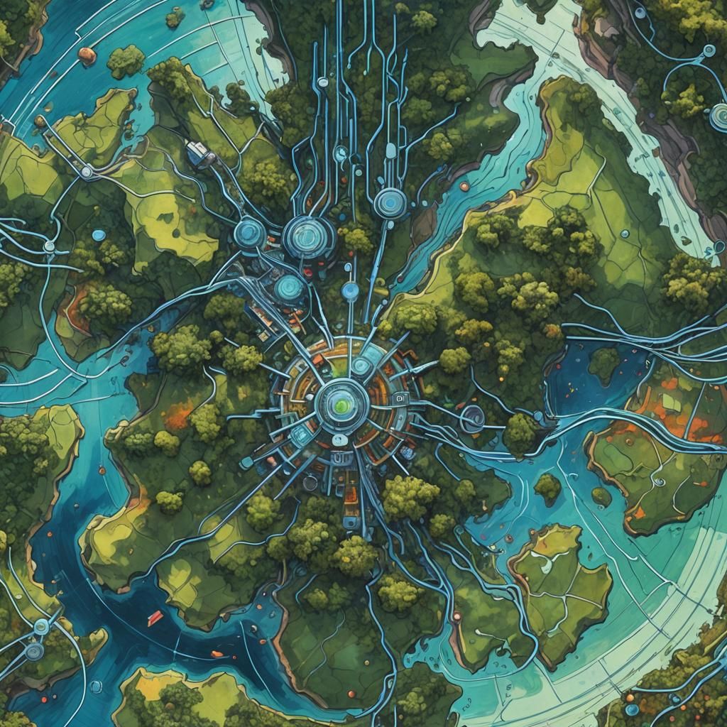 Sci-Fi World with Mechanical and Overgrown Continents