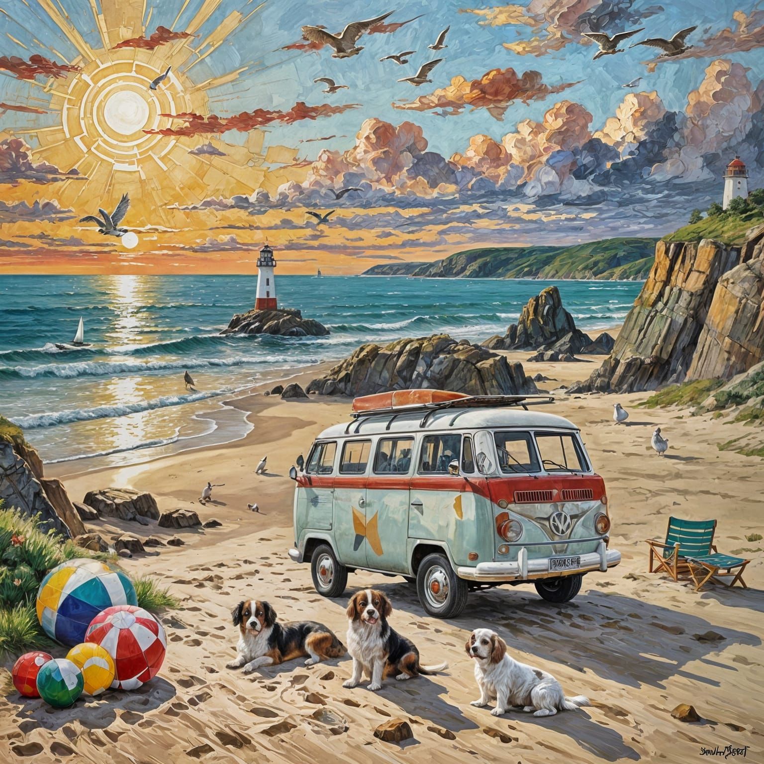 VW Camper Van on Beach: Post-Impressionist Painting