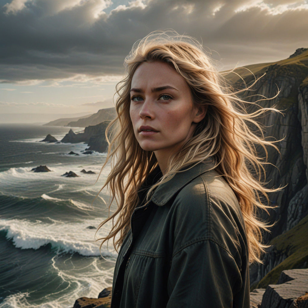 Hyper-Realistic Portrait of a Blonde Girl on a Cliff