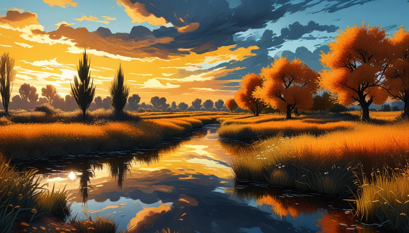Vibrant Sunset Over Water in Van Gogh Style