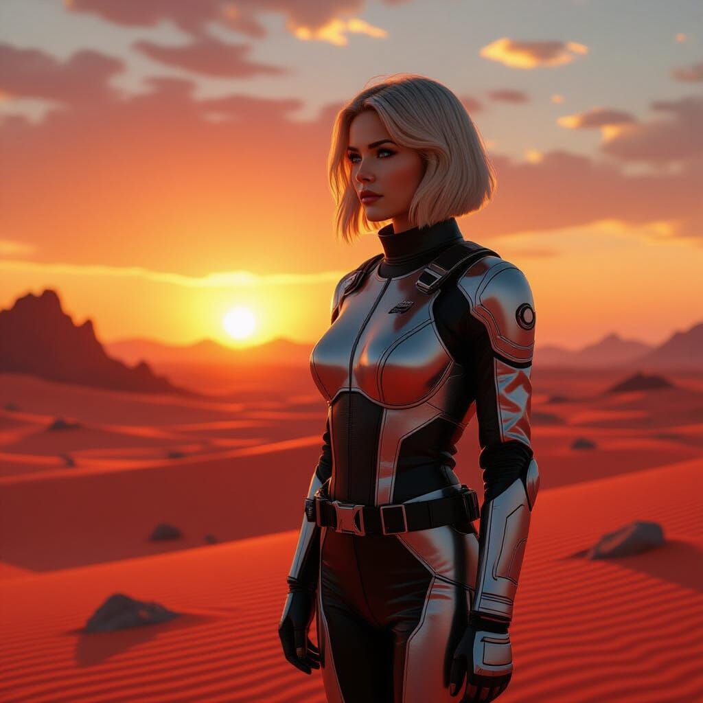 Pilot Silhouetted on Alien Planet at Sunset