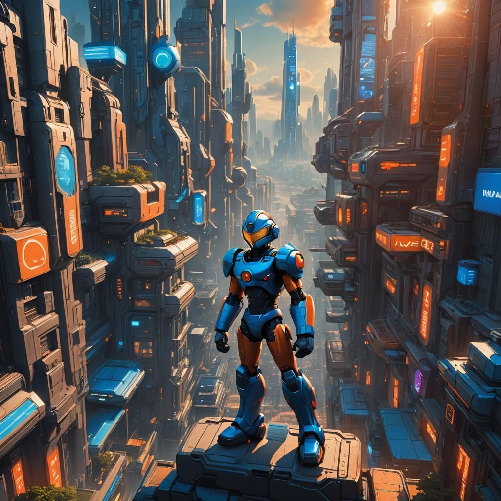 Megaman in Futuristic City, Cyberpunk Art Nouveau Style