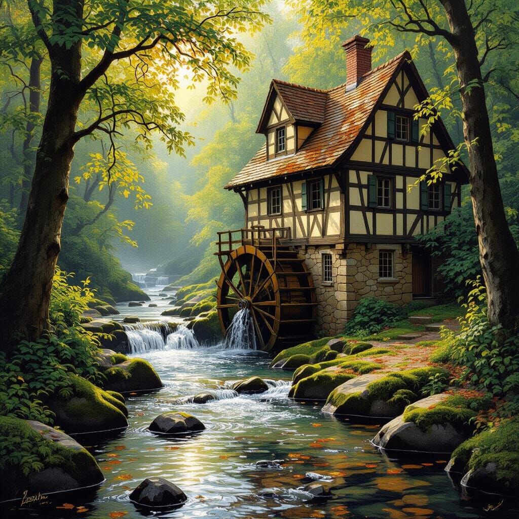 Romantic Oil Painting of a Sun-Dappled Forest Watermill