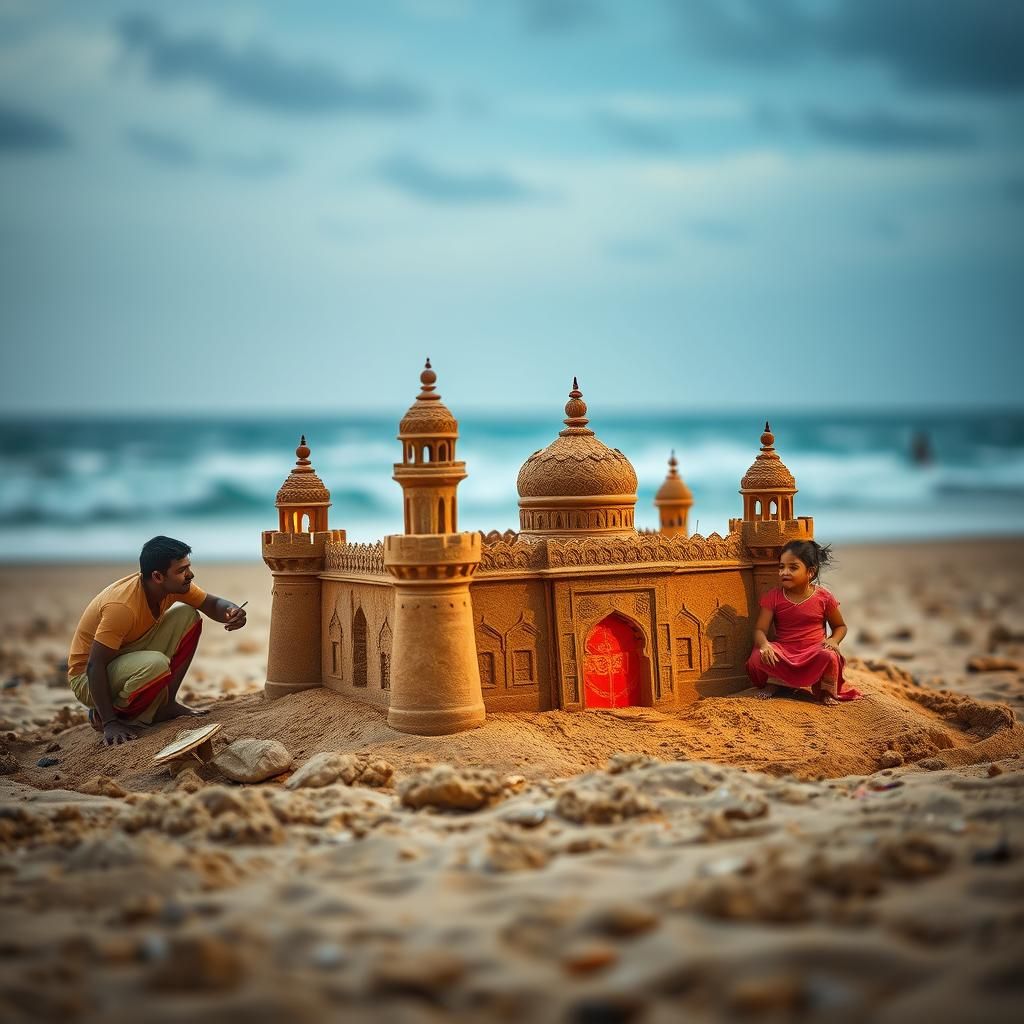 Family Builds Sand Taj Mahal on Indian Ocean Beach